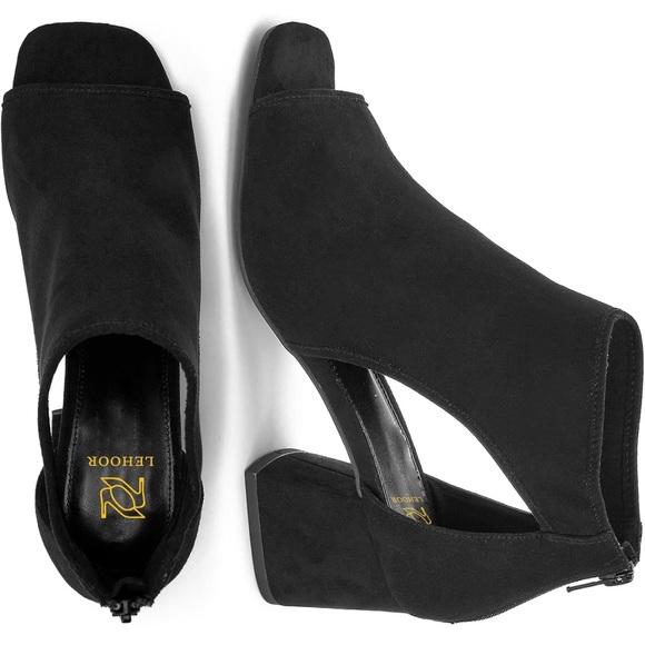 Chunky High Heel Booties Suede Open Toe Side Cut-Out Ankle Back Zipper 2” Heel - Picture 3 of 10